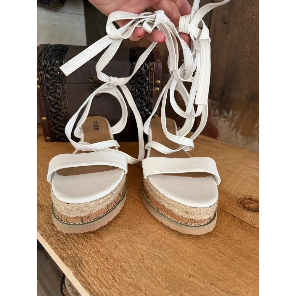 Retro White Lace Up Platform Sandals Espadrille Cork Wedge FRM1 Womens 8 41